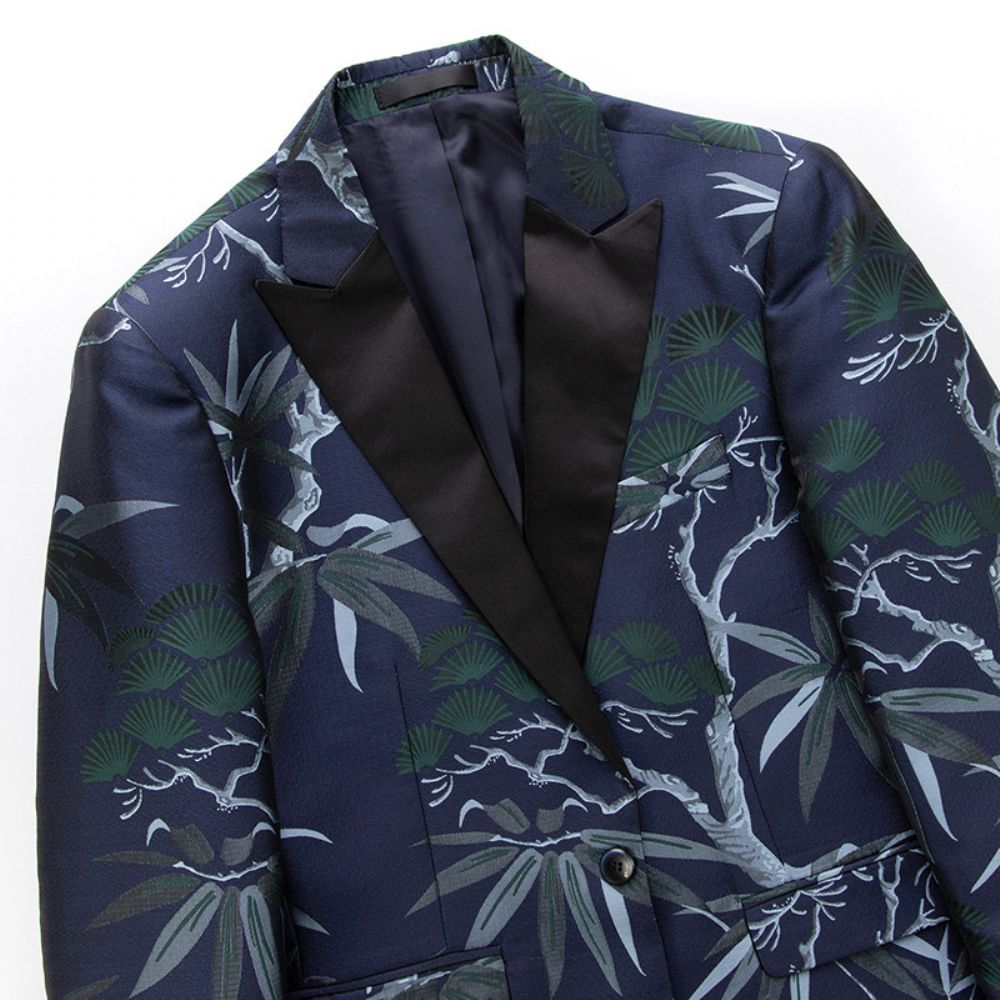 2024 Tendance Costume Une Pièce Décontracté Coupe Ajustée Vert Fruit Col Imprimé Botanique Veste Pour Hommes