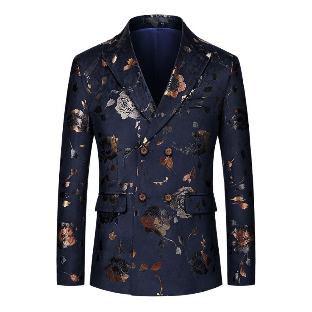 Costume D'affaires Décontracté Pour Hommes Une Pièce À Fleurs Double Boutonnage Blazer En Jacquard Doré