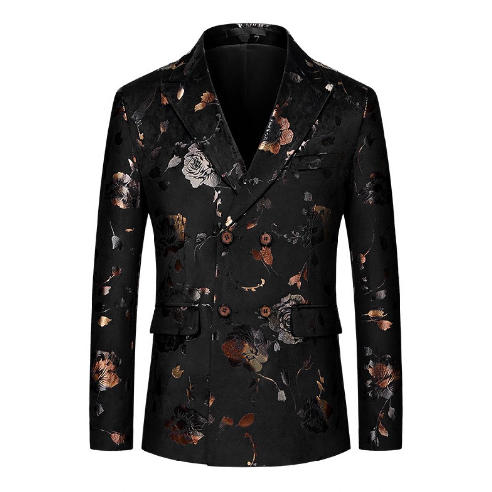 Costume D'affaires Décontracté Pour Hommes Une Pièce À Fleurs Double Boutonnage Blazer En Jacquard Doré