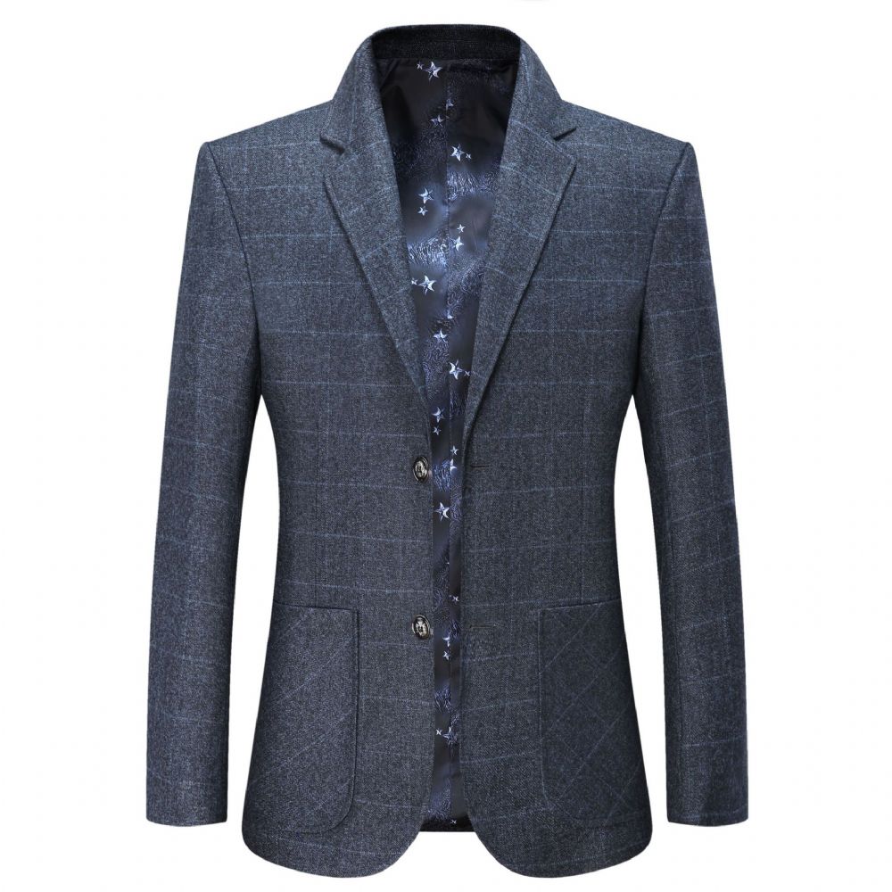 Costume Hommes Automne D'âge Moyen D'affaires Décontracté Petit Plaid Bleu Veste Haut Papa Porter