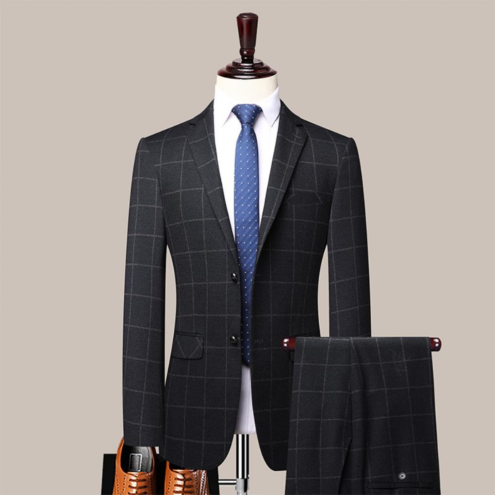 Costume Hommes Veste Marié Robe Mariée Britannique Plaid Petit Élastique Mince Deux Pièces