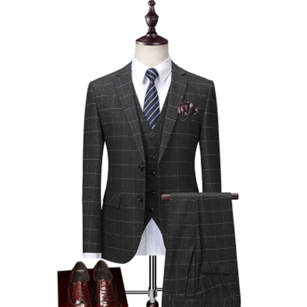 2024 Costume Hommes Plaid Gris Foncé Gentleman Trois Pièces Banquet Mariage Hôte Costumes Coupe Ajustée