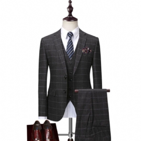 2024 Costume Hommes Plaid Gris Foncé Gentleman Trois Pièces Banquet Mariage Hôte Costumes Coupe Ajustée