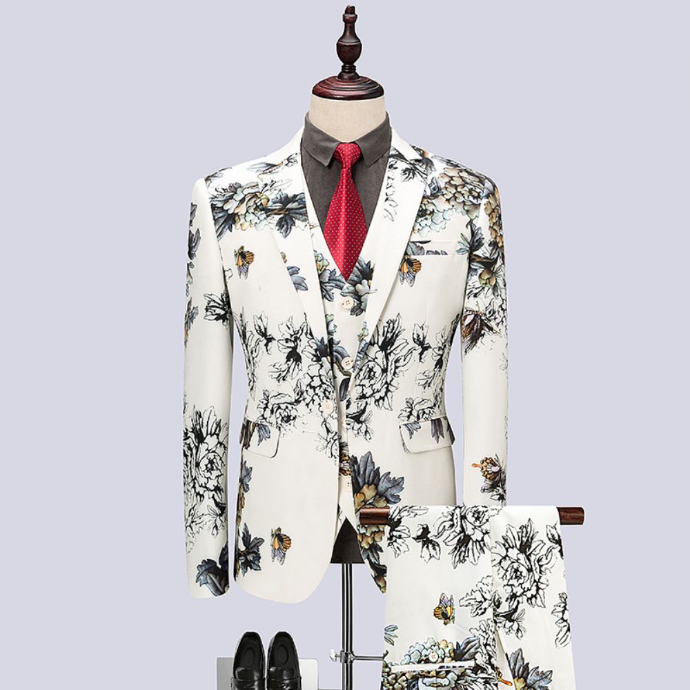 Costume Coupe Ajustée Trois Pièces Imprimé Floral Maître Cérémonie Hôte Performance Robe Décontracté Homme