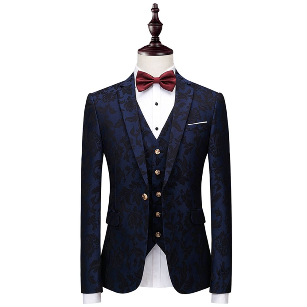 Costume Homme Bleu Discothèque Chanteur Hôte Motif Trois Pièces Slim Mode Gentleman