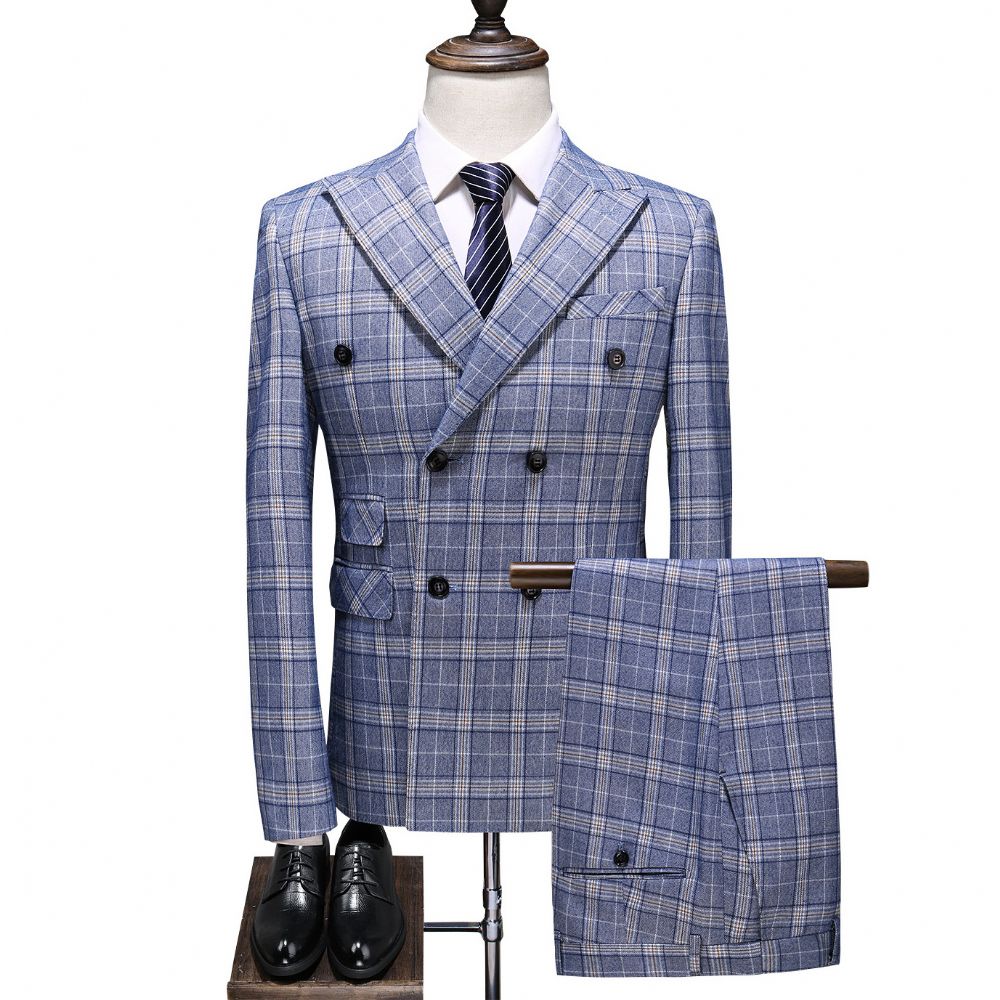 Costume Homme Business Casual Plaid Double Breasted Suit Trois Pièces Marié Robe Mariée Garçons D'honneur