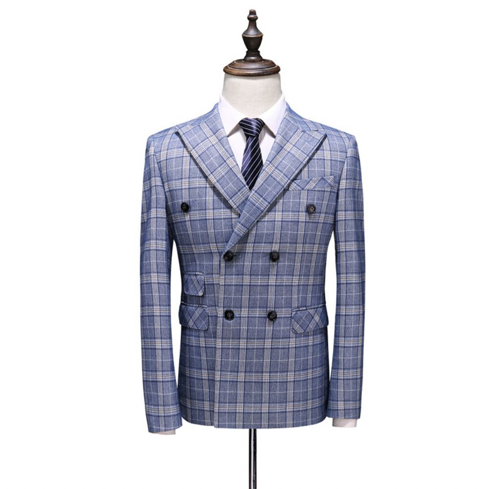 Costume Homme Business Casual Plaid Double Breasted Suit Trois Pièces Marié Robe Mariée Garçons D'honneur