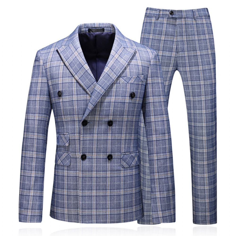 Costume Homme Business Casual Plaid Double Breasted Suit Trois Pièces Marié Robe Mariée Garçons D'honneur