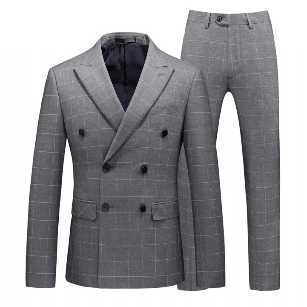 Costume Homme Double Boutonnage Plaid Décontracté Trois Pièces Slim Fit Marié Robe Mariée