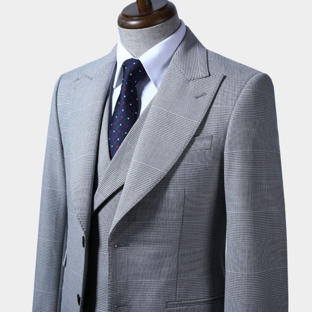 Costume Homme Gris À Carreaux Mince Affaires Décontractée Formel Jeunesse Mode Travail Trois Pièces