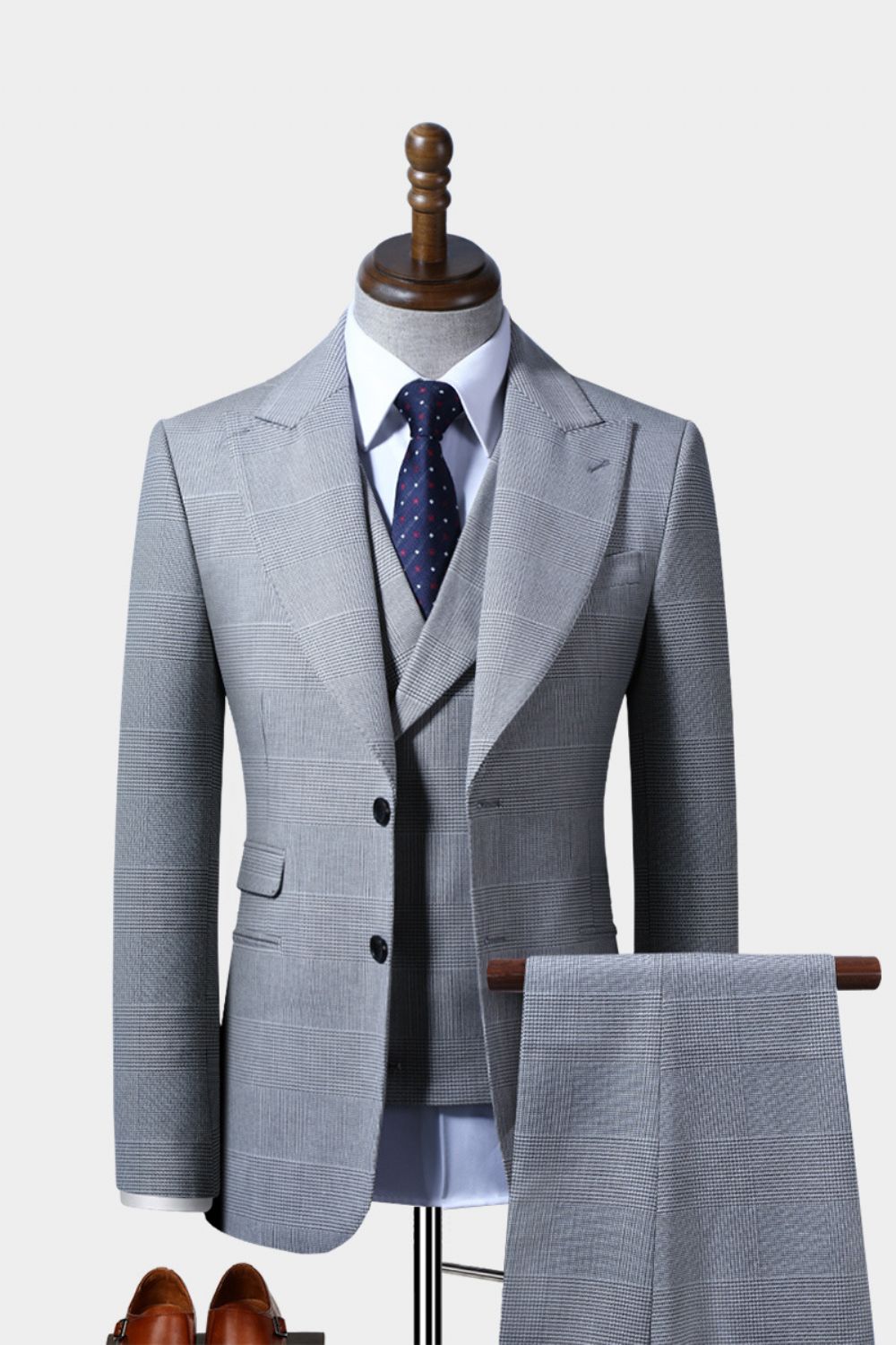 Costume Homme Gris À Carreaux Mince Affaires Décontractée Formel Jeunesse Mode Travail Trois Pièces