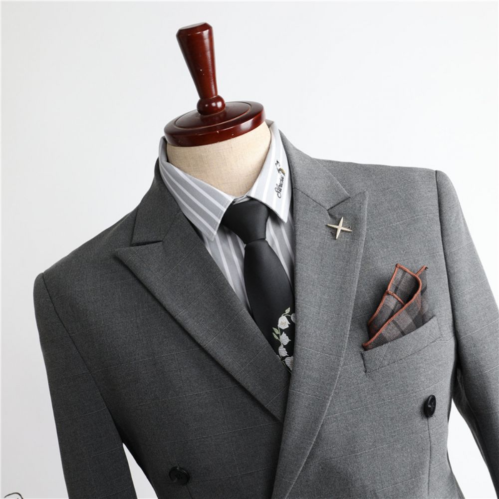 Costume Hommes Slim Mode Gris À Double Boutonnage Affaires Décontracté Vêtements Professionnels Costumes Robe Mariée Trois Pièces