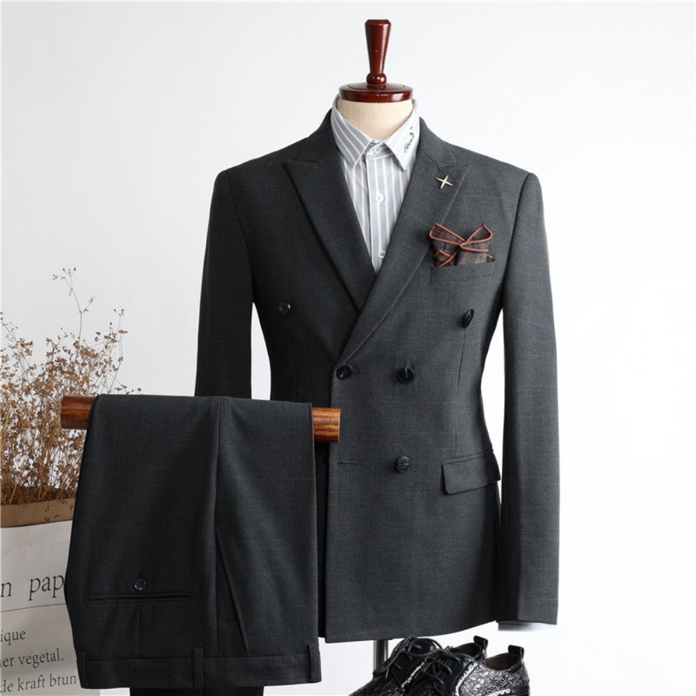 Costume Hommes Slim Mode Gris À Double Boutonnage Affaires Décontracté Vêtements Professionnels Costumes Robe Mariée Trois Pièces