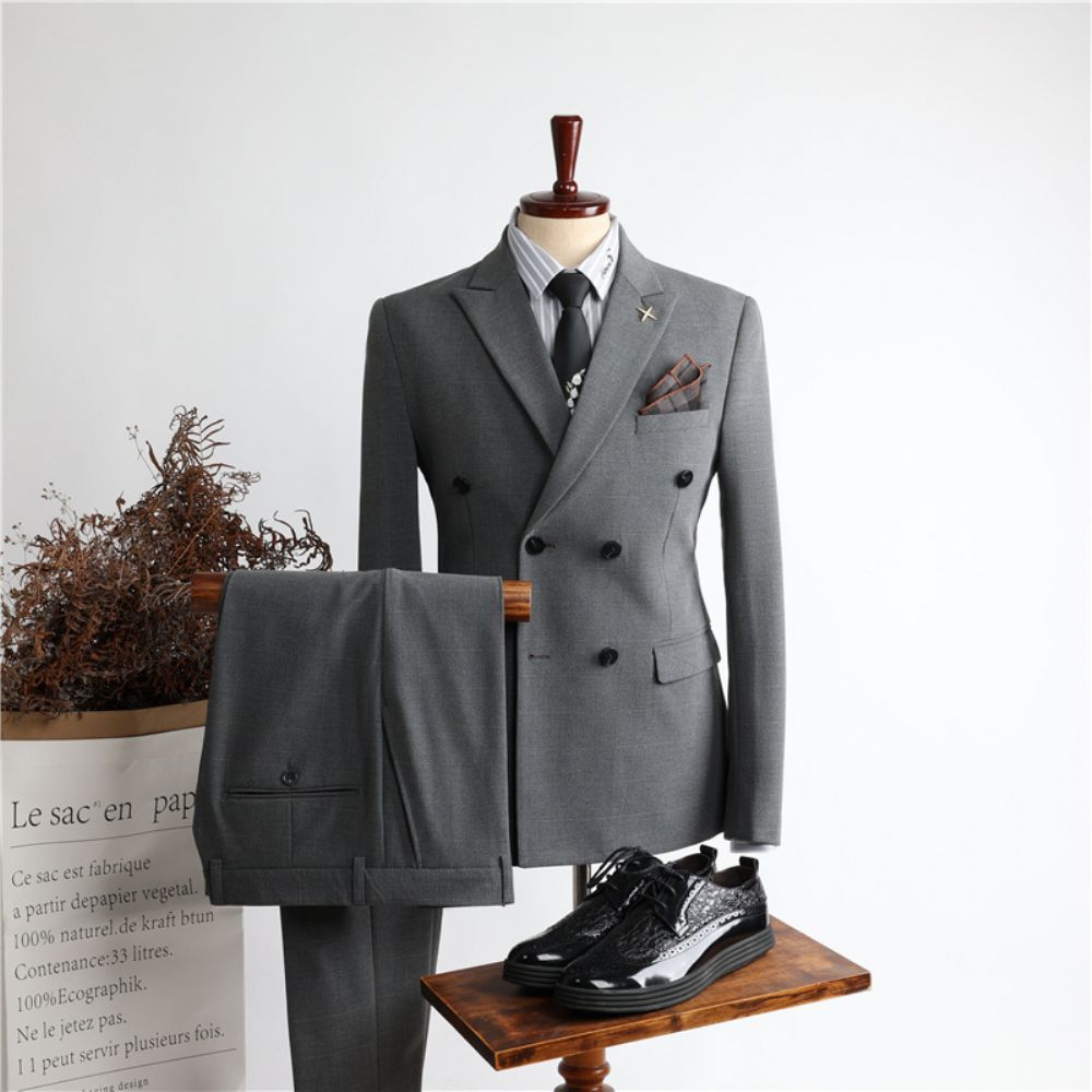 Costume Hommes Slim Mode Gris À Double Boutonnage Affaires Décontracté Vêtements Professionnels Costumes Robe Mariée Trois Pièces