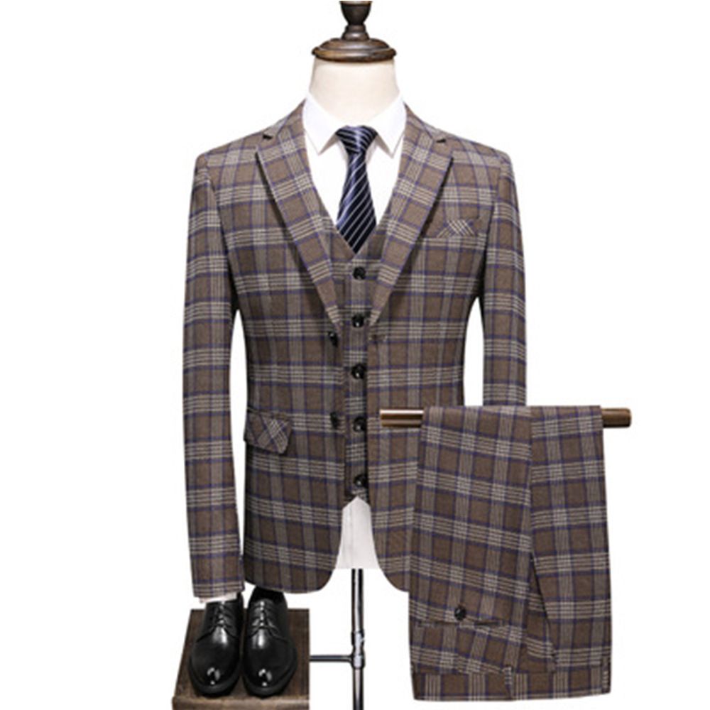 Costume Pour Hommes Trois Pièces Robe Mariée Garçons D'honneur Slim Plaid