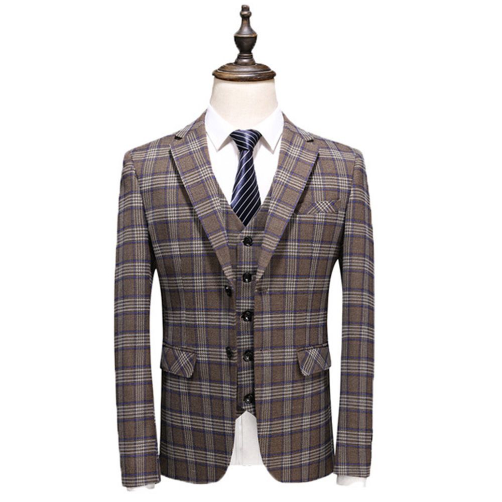 Costume Pour Hommes Trois Pièces Robe Mariée Garçons D'honneur Slim Plaid