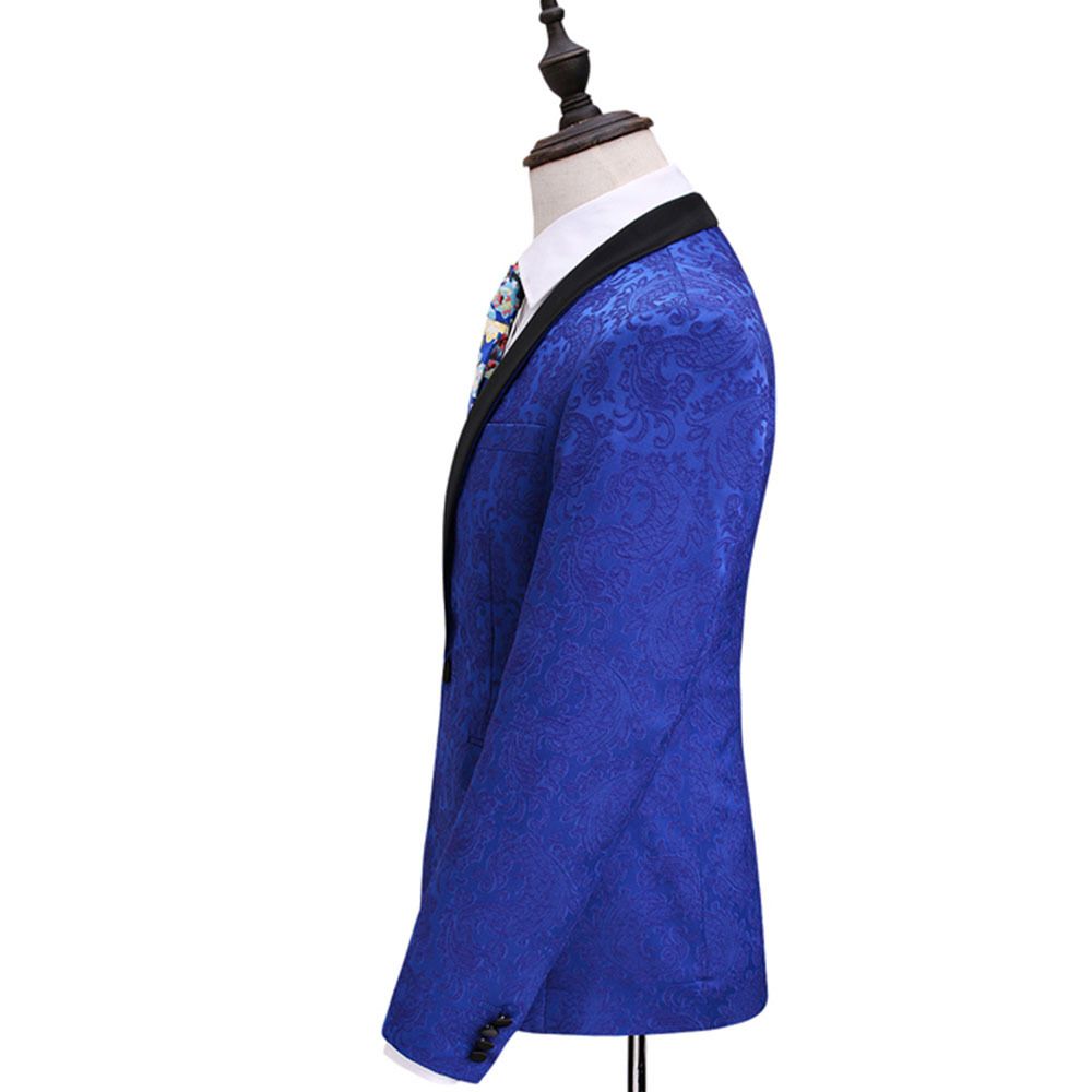 Costume Jacquard Hommes Costumes Bleu Royal Col Saphir Robe Mariée Garçons D'honneur Banquet