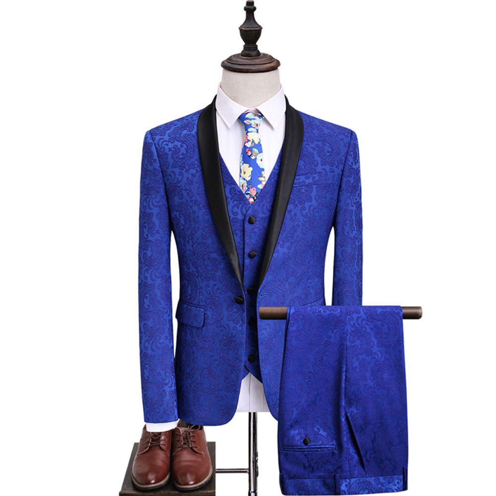 Costume Jacquard Hommes Costumes Bleu Royal Col Saphir Robe Mariée Garçons D'honneur Banquet