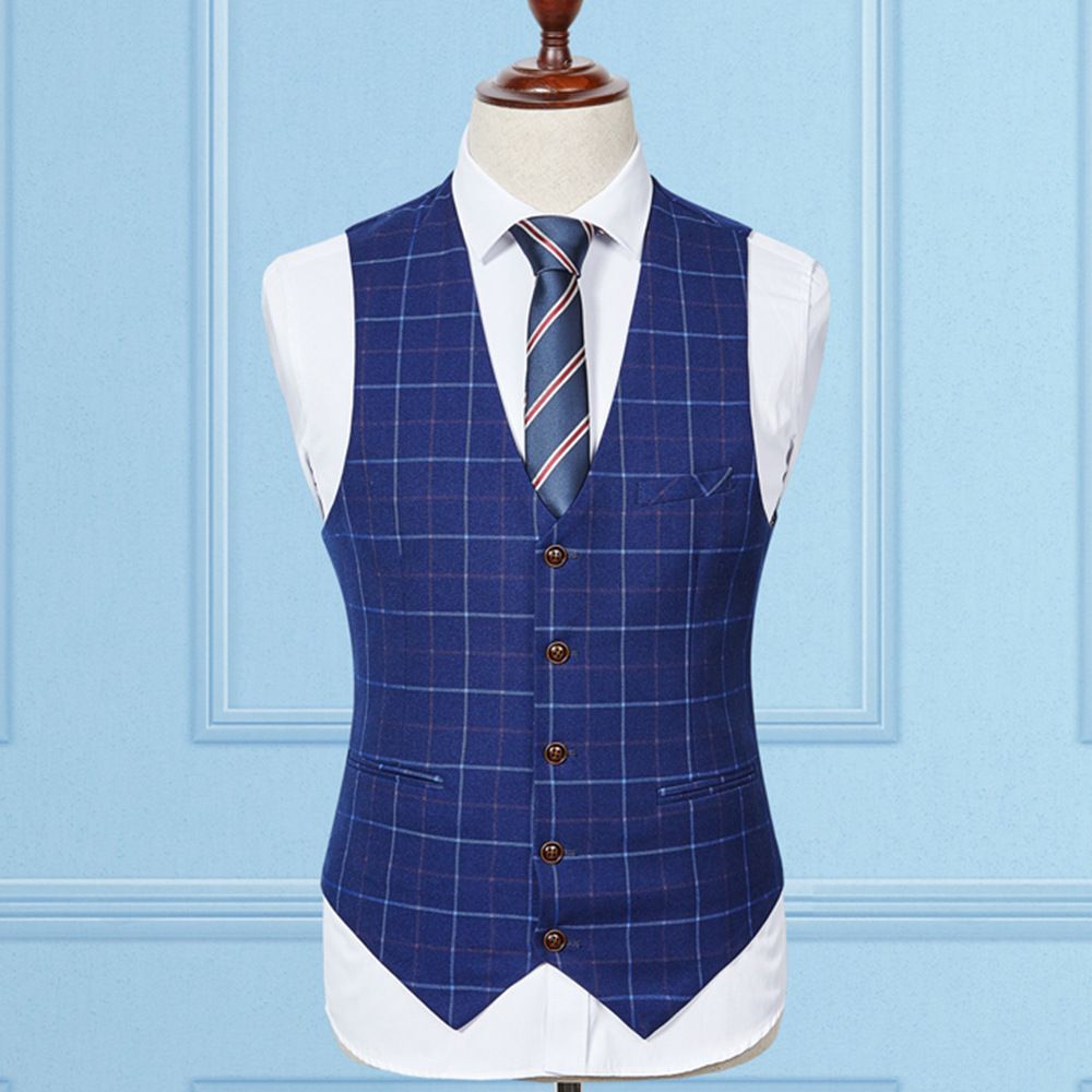 Costume Jeunes Hommes Auto-culture Plaid Trois Pièces Bleu Marine Affaires Professionnel Porter Une Salopette À Col Blanc