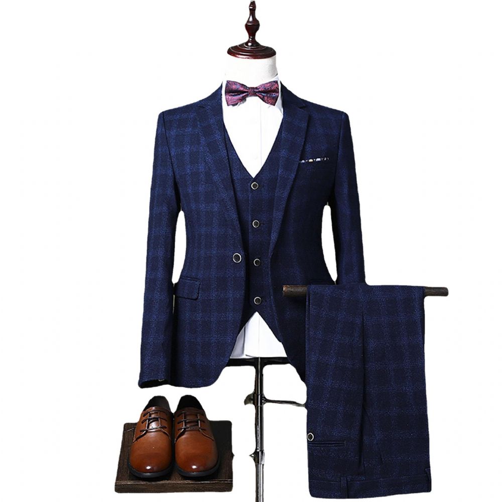 Costume Mâle Jeunesse Mode Plaid Mariage Banquet Marié Meilleur Homme Trois Pièces Robe