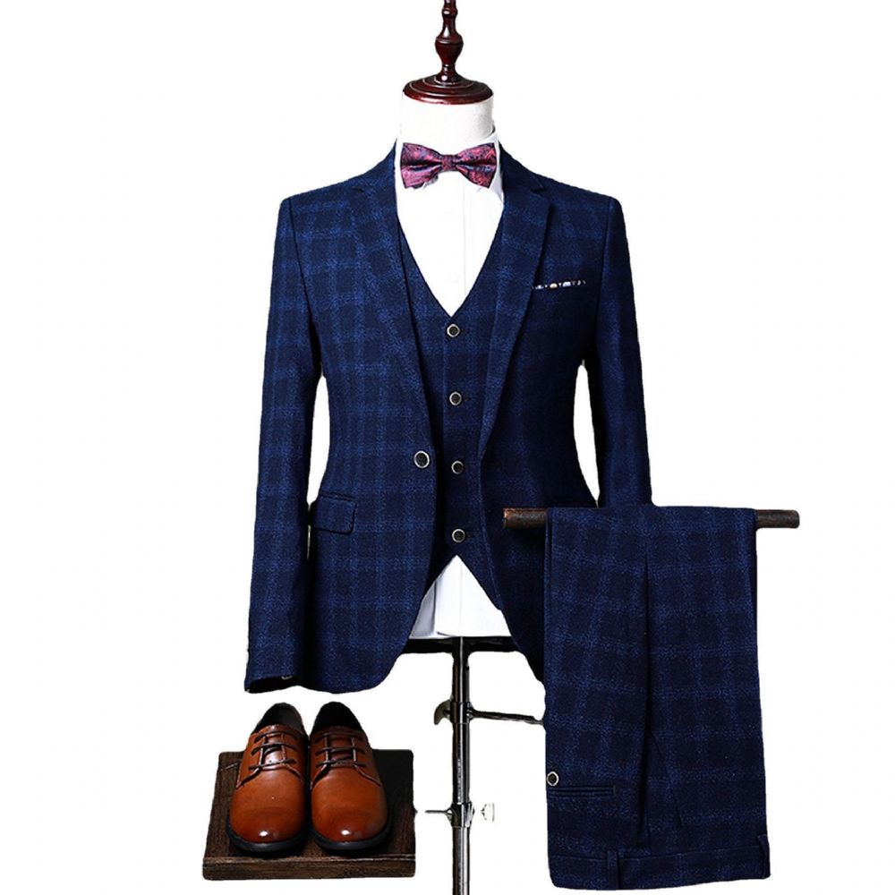 Costume Mâle Jeunesse Mode Plaid Mariage Banquet Marié Meilleur Homme Trois Pièces Robe