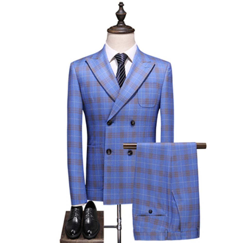 Costume Mariage Hommes À Double Boutonnage Plaid Trois Pièces Robe Mariée Garçons D'honneur Vêtements Tendance