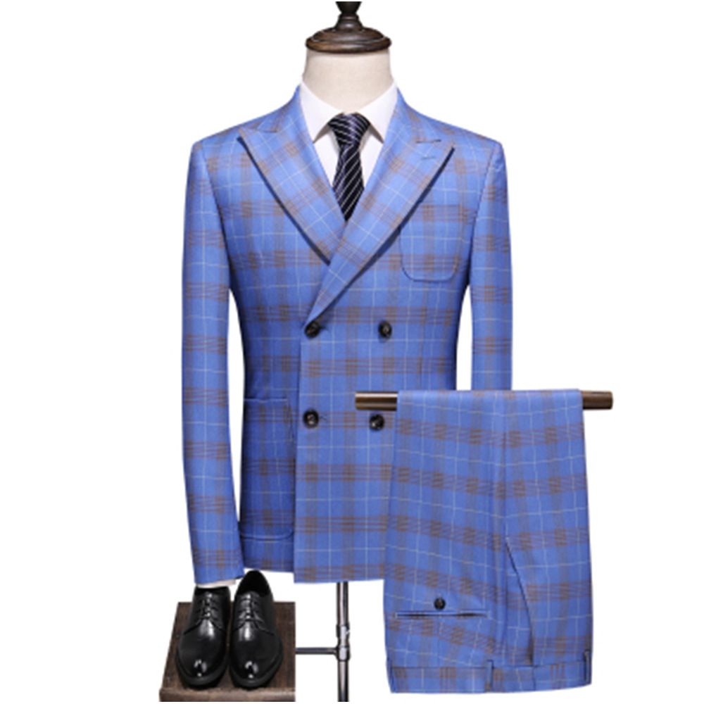 Costume Mariage Hommes À Double Boutonnage Plaid Trois Pièces Robe Mariée Garçons D'honneur Vêtements Tendance