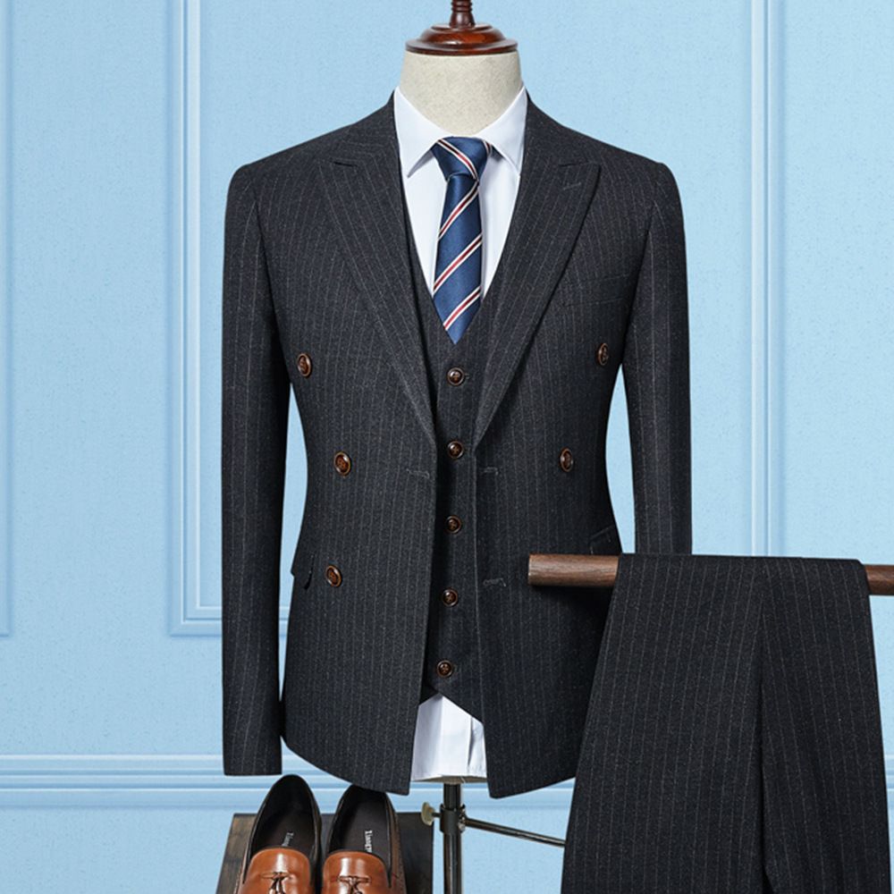 Costume À Rayures Slim Pour Jeunes Hommes D'affaires Double Boutonnage Ensemble 3 Pièces