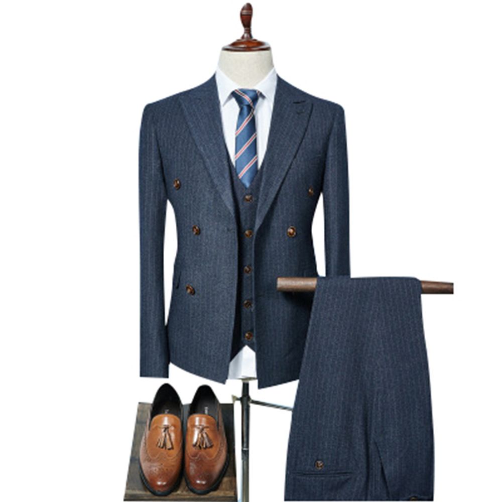 Costume À Rayures Slim Pour Jeunes Hommes D'affaires Double Boutonnage Ensemble 3 Pièces