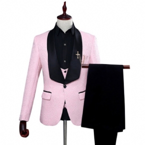 Costume Rose Hommes Mariage Meilleur Homme Jacquard Un Bouton Chanteur Trois Pièces