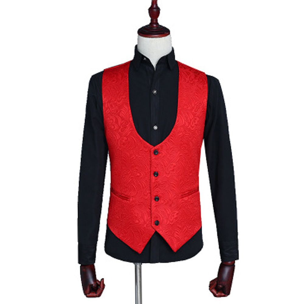 Costume Rose Hommes Mariage Meilleur Homme Jacquard Un Bouton Chanteur Trois Pièces