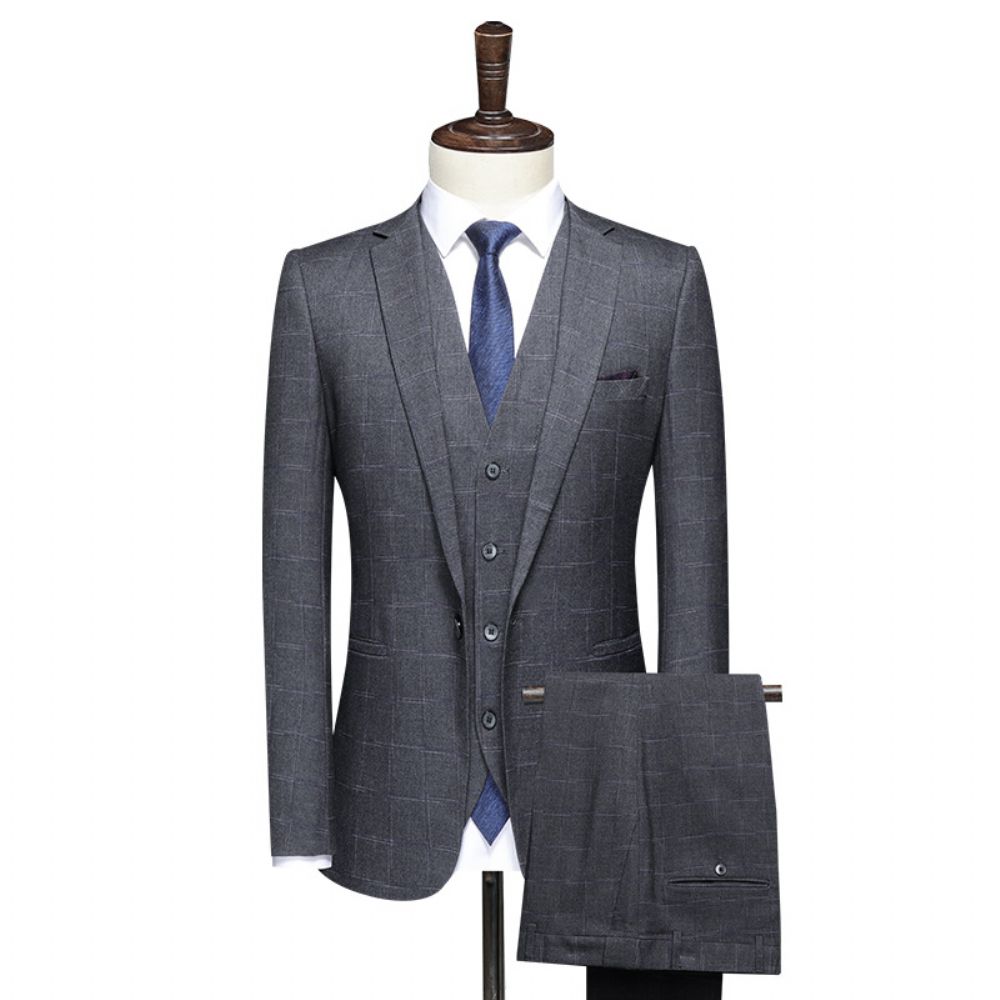 Costume Trois Pièces À Bouton Unique D'affaires Pour Hommes Formel Mince Plaid Mariage Professionnel