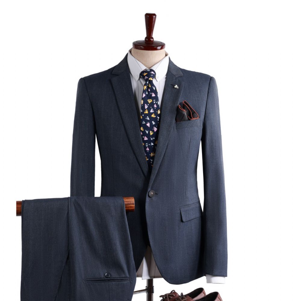 Mode Bleu Rayé Costume Hommes Style Britannique Mince Printemps Robe Mariée Professionnel Trois Pièces