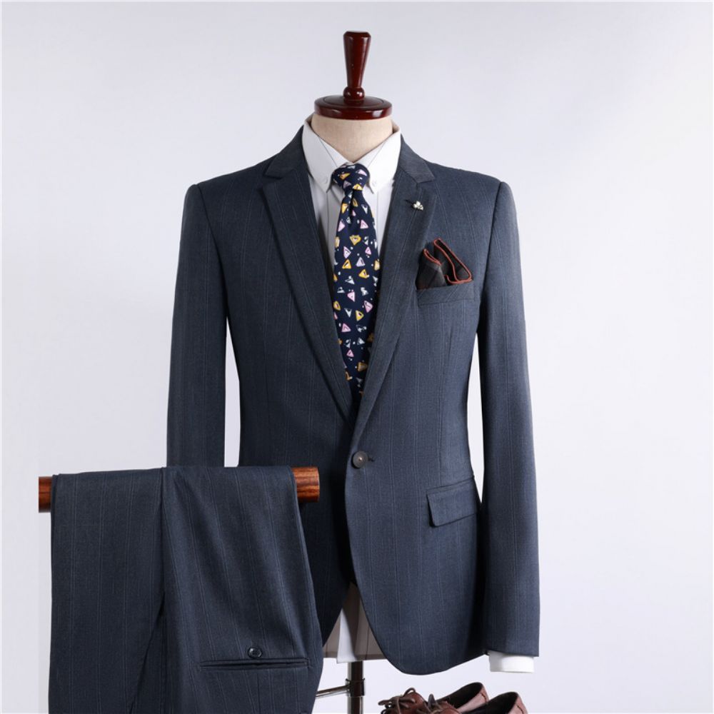 Mode Bleu Rayé Costume Hommes Style Britannique Mince Printemps Robe Mariée Professionnel Trois Pièces