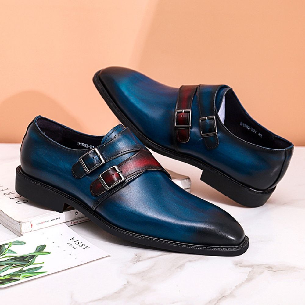 Chaussures En Cuir Habillées Pour Hommes Pointues Bleu Boucle Britannique Décontractées D'affaires Mariage À La Mode