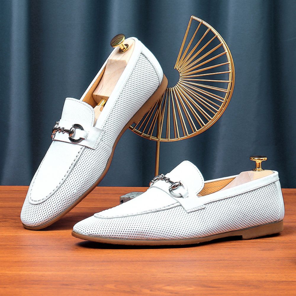 Chaussures En Cuir Respirant Hommes Véritable Robe D'affaires Tendance Surface Souple Fond Boucle Métal Blanc Conduite Mocassins Pour