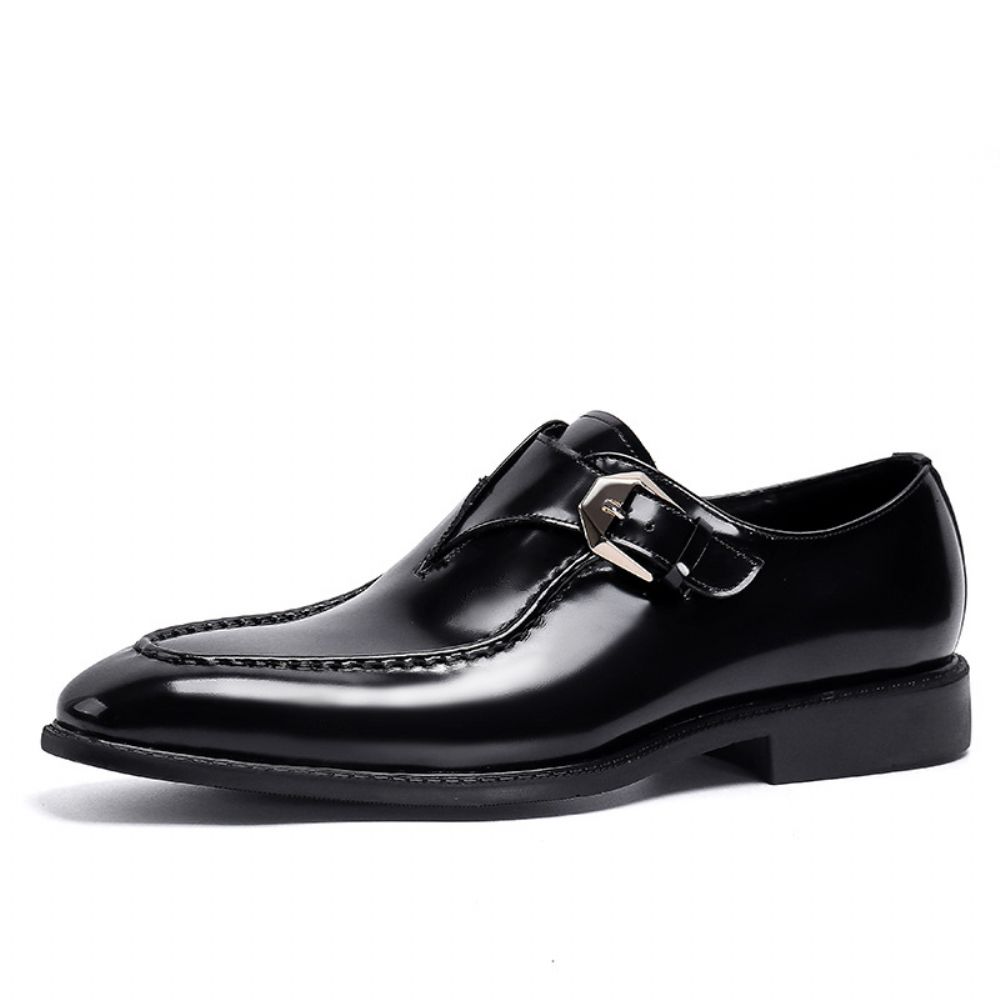 Petites Chaussures En Cuir Pour Hommes Vachette Brillant Noir Bout Carré Boucle Affaires Britannique Décontracté Moine