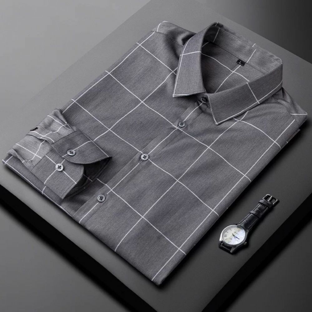 Chemise À Carreaux Luxe Légère Et Soyeuse Sans Fer Pour Hommes Manches Longues Été Automne 2024 En Soie Glace Travail Professionnel Mince Affaires Légères