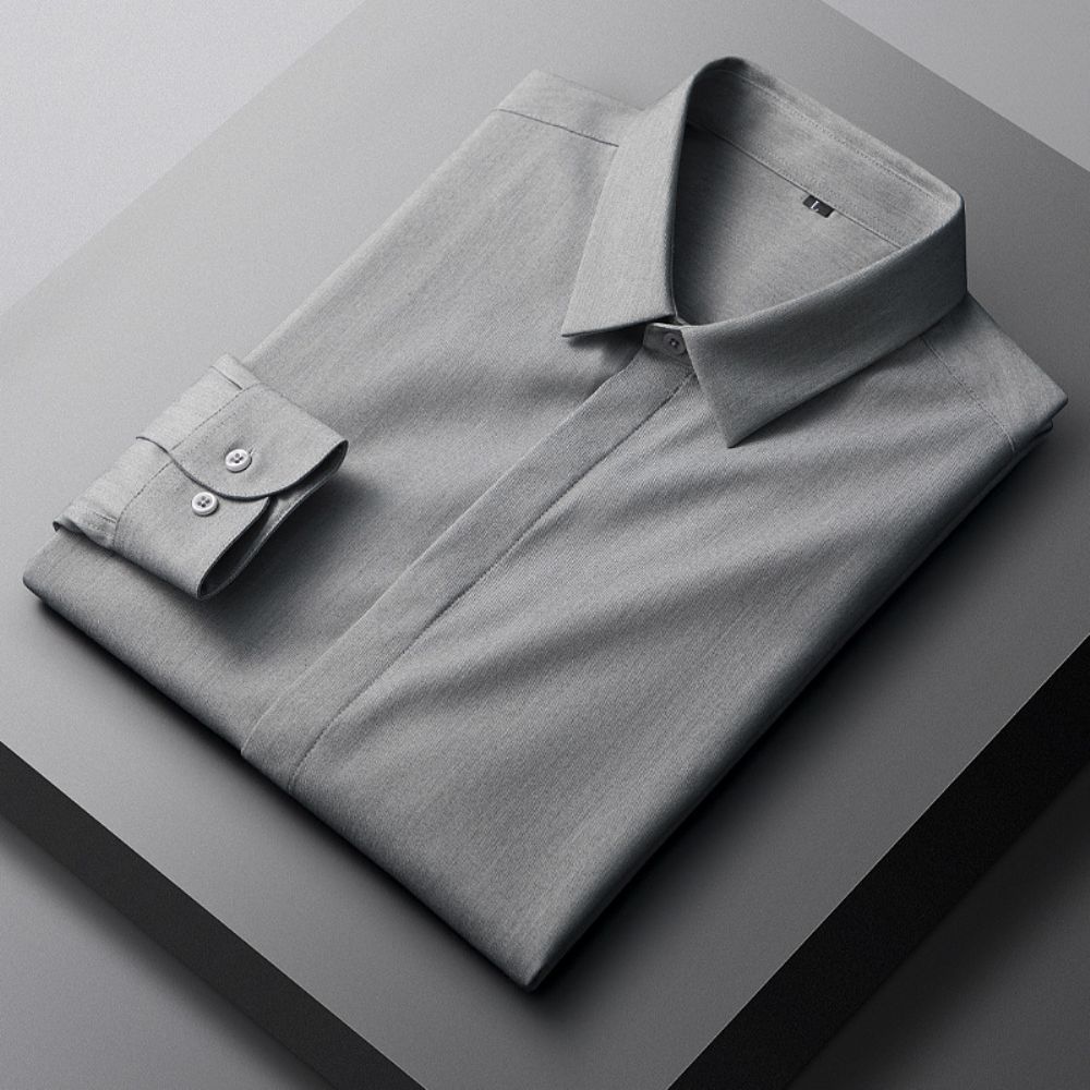 Simple Affaires Chemise Décontractée Hommes 2024 Printemps Et Automne Section Mince Couleur Unie Sans Fer À Manches Longues Gris